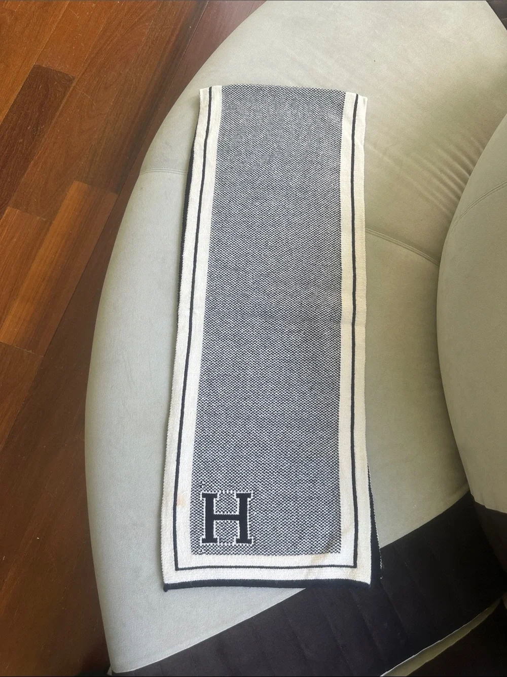 Black and White Scarf with Embroidered 'H'